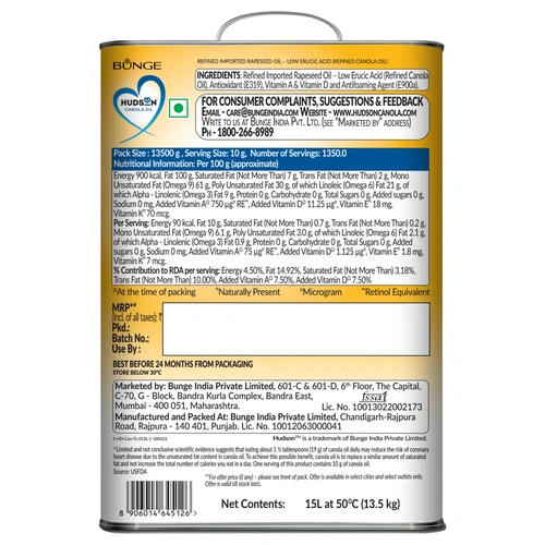Hudson Canola Oil 15 L Tin