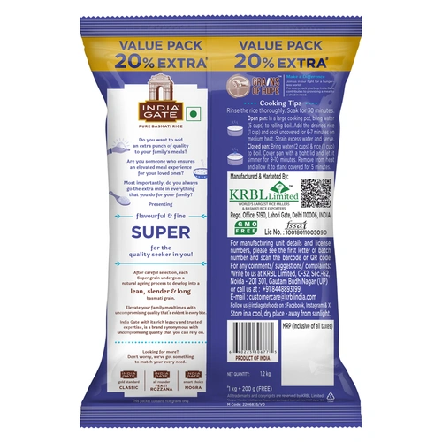 India Gate Super Basmati Rice 1.2 Kg (1kg + 200 G)