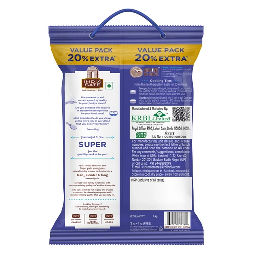 India Gate Super Basmati Rice 6 Kg (5kg + 1kg)