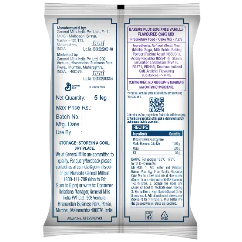 Pillsburry Bakers Plus Egg Free Vanilla Flavoured Cake Mix 5 Kg